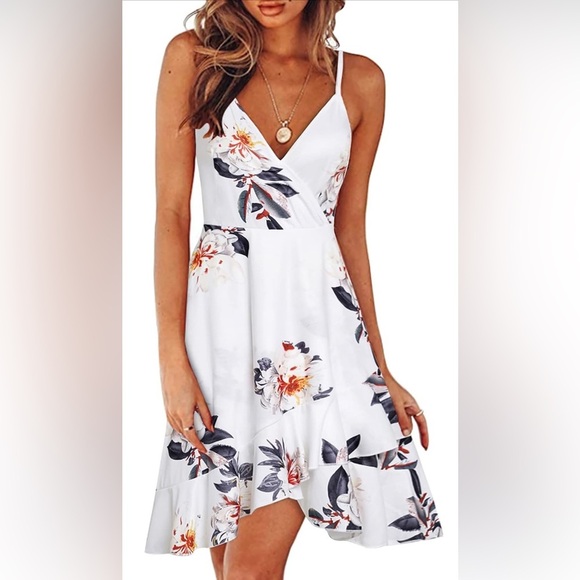Floral V Neck Ruffled Hem Spaghetti Strap Flowy Wrap Sun Dress Size S - Picture 1 of 13